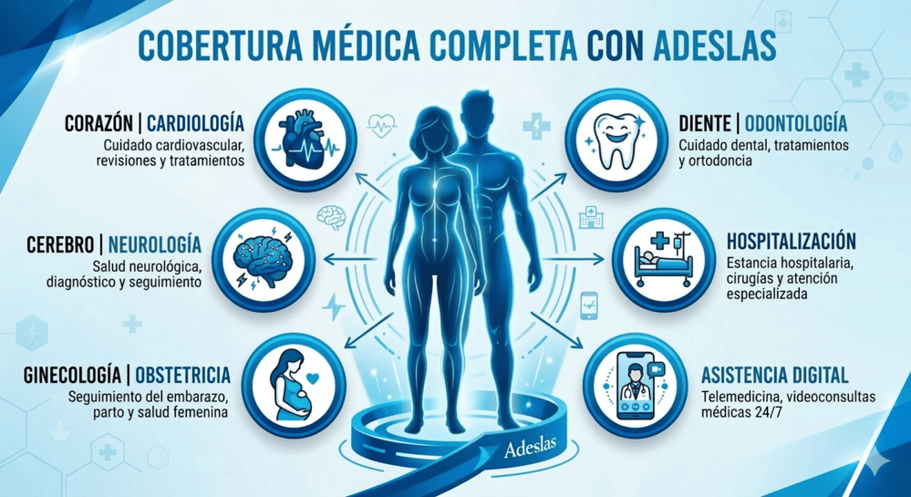 Infografía con todas las coberturas médicas incluidas en un seguro de salud para autónomos de Adeslas: especialistas, hospitalización, dental y servicios digitales.