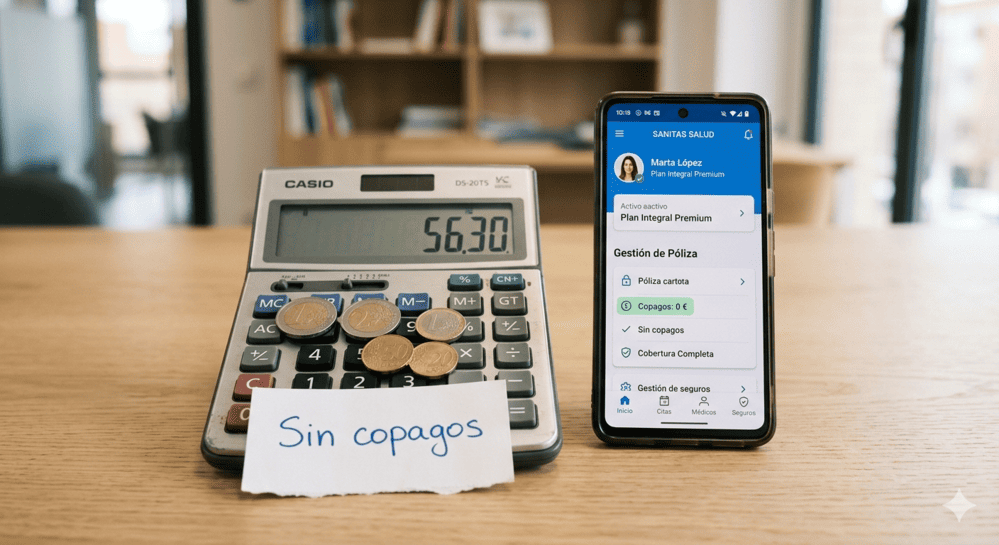 Calculadora y móvil mostrando un seguro de salud para autónomos sin copagos ni costes adicionales