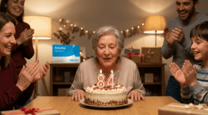 persona mayor soplando velas en una tarta con el número 84. Al fondo, aparece una tarjeta del seguro Adeslas Seniors. Ambiente cálido y celebratorio.